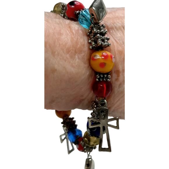 🌈 Multicolor Lampwork Bracelet w/ Cross Charms | Boho VTG Stretch - Picture 3 of 12
